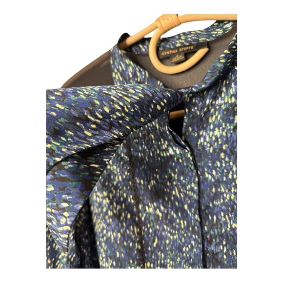 Cynthia Steffe Navy Tie Neck Babydoll Long Sleeve Patterned Mini Dress Size 6 - Picture 5 of 15